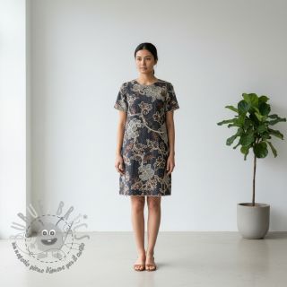 Tessuto di cotone JEANS Embroidery leaves black