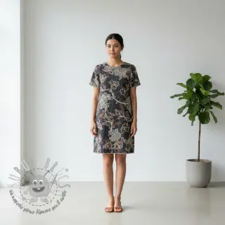 Tessuto di cotone JEANS Embroidery leaves black