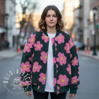 Tessuto per cappotti TEDDY JACQUARD Flowers army green/pink