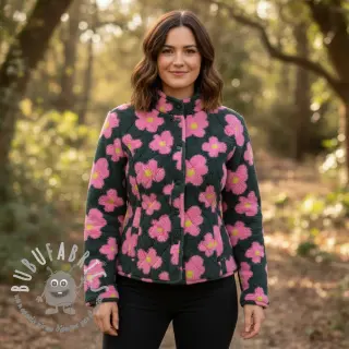 Tessuto per cappotti TEDDY JACQUARD Flowers army green/pink