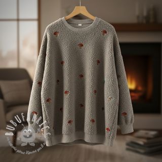 Tessuto per cappotti EMBROIDERY Little mushrooms pebble