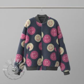 Tessuto per cappotti TEDDY JACQUARD Happy faces jeans