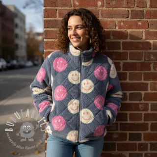 Tessuto per cappotti TEDDY JACQUARD Happy faces jeans