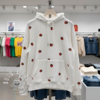 Tessuto per cappotti TEDDY EMBROIDERY Strawberries off white