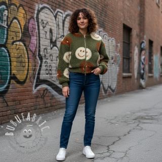 Tessuto per cappotti TEDDY JACQUARD Happy faces green