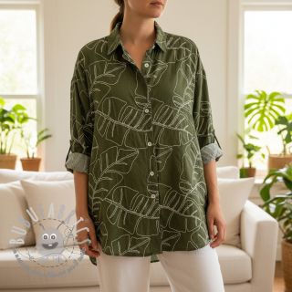 Viscosa con lino EMBROIDERY Leaves forest green