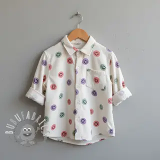 Tessuto di cotone FLANNEL Happy faces off white lilac