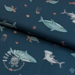 Tessuto di cotone Sea life petrol digital print