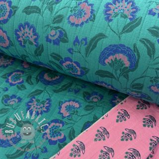 Mussola/Doppia garza STEPPED Flowers petrol