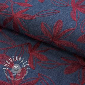 Tessuto di cotone JEANS Embroidery Flowers burgundy