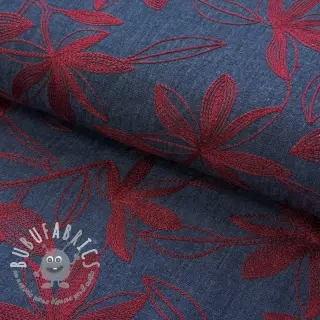 Tessuto di cotone JEANS Embroidery Flowers burgundy