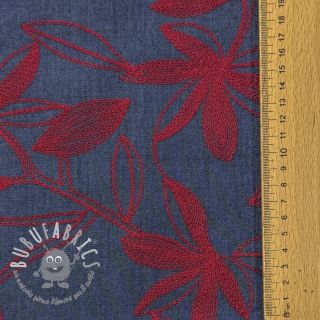 Tessuto di cotone JEANS Embroidery Flowers burgundy