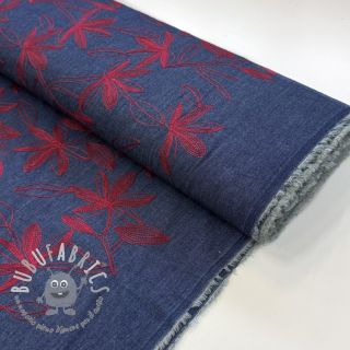 Tessuto di cotone JEANS Embroidery Flowers burgundy