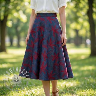 Tessuto di cotone JEANS Embroidery Flowers burgundy