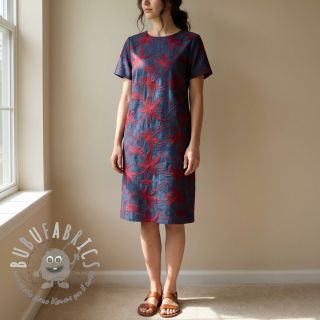 Tessuto di cotone JEANS Embroidery Flowers burgundy