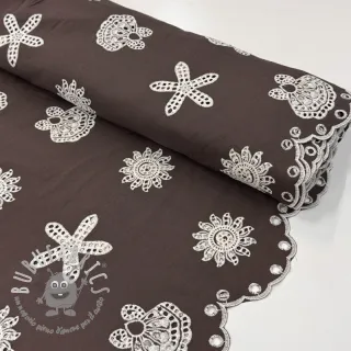 Tessuto di cotone EMBROIDERY Sea ornaments brown