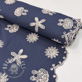 Tessuto di cotone EMBROIDERY Sea ornaments navy