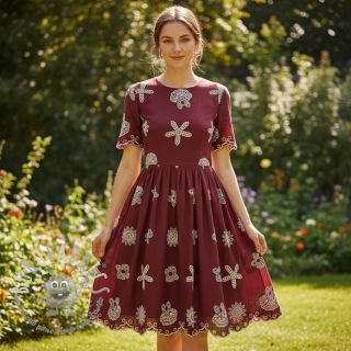 Tessuto di cotone EMBROIDERY Sea ornaments bordeaux