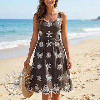 Tessuto di cotone EMBROIDERY Sea ornaments brown