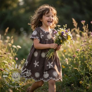 Tessuto di cotone EMBROIDERY Sea ornaments brown