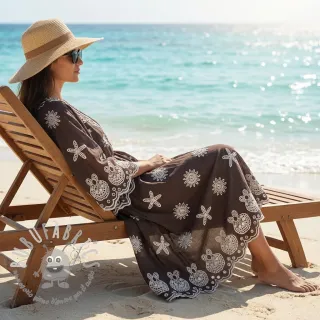 Tessuto di cotone EMBROIDERY Sea ornaments brown