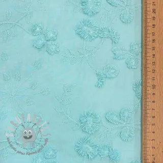 Tessuto di cotone EMBROIDERY Catchy leaves aqua