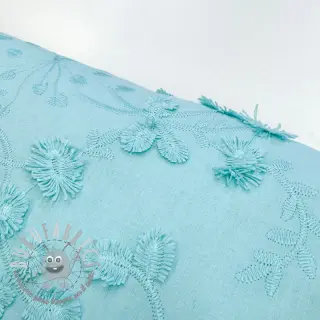 Tessuto di cotone EMBROIDERY Catchy leaves aqua