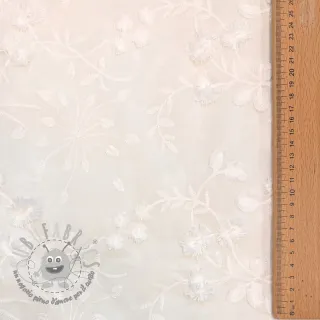 Tessuto di cotone EMBROIDERY Catchy leaves off white