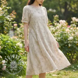 Tessuto di cotone EMBROIDERY Catchy leaves beige