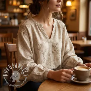 Tessuto di cotone EMBROIDERY Catchy leaves beige