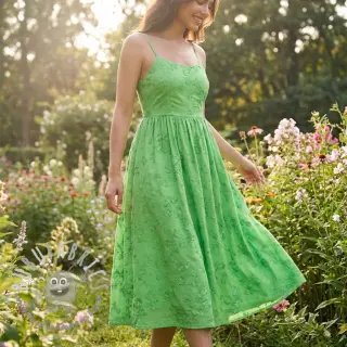 Tessuto di cotone EMBROIDERY Catchy leaves green