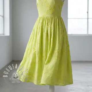 Tessuto di cotone EMBROIDERY Catchy leaves lime