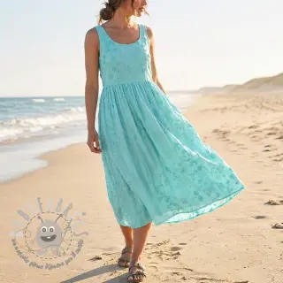Tessuto di cotone EMBROIDERY Catchy leaves aqua
