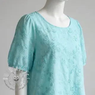 Tessuto di cotone EMBROIDERY Catchy leaves aqua