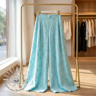 Tessuto di cotone EMBROIDERY Catchy leaves aqua
