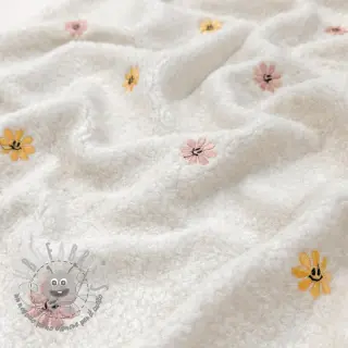 Tessuto per cappotti TEDDY EMBROIDERY Smiley flowers yellow
