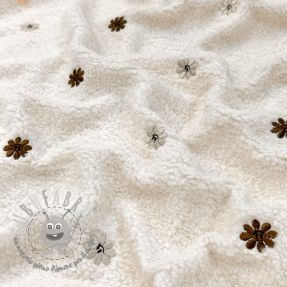Tessuto per cappotti TEDDY EMBROIDERY Smiley flowers choco