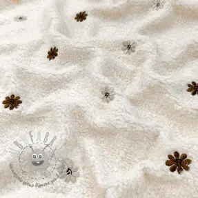 Tessuto per cappotti TEDDY EMBROIDERY Smiley flowers choco