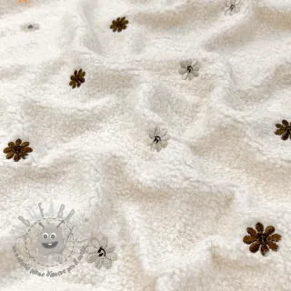 Tessuto per cappotti TEDDY EMBROIDERY Smiley flowers choco