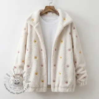 Tessuto per cappotti TEDDY EMBROIDERY Smiley flowers yellow