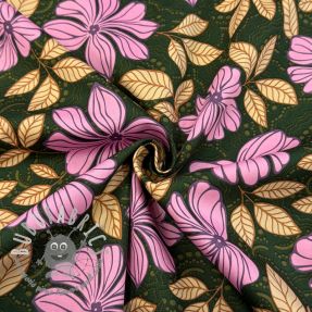 Tessuto di cotone SATIN Autumn flowers dark green