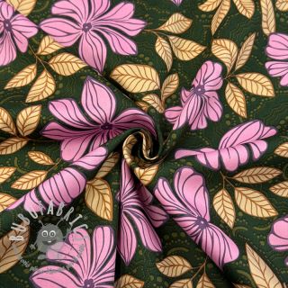 Tessuto di cotone SATIN Autumn flowers dark green