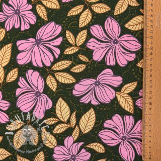 Tessuto di cotone SATIN Autumn flowers dark green