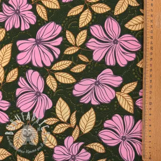 Tessuto di cotone SATIN Autumn flowers dark green