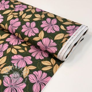 Tessuto di cotone SATIN Autumn flowers dark green