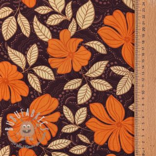 Tessuto di cotone SATIN Autumn flowers dark brown