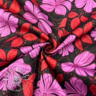 Tessuto di cotone SATIN Autumn flowers dark red