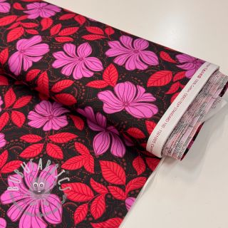 Tessuto di cotone SATIN Autumn flowers dark red