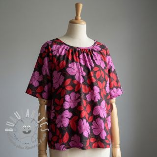 Tessuto di cotone SATIN Autumn flowers dark red