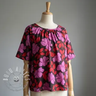 Tessuto di cotone SATIN Autumn flowers dark red